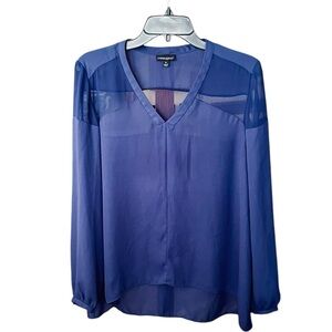 Cynthia Rowley long sleeve semi sheer hi-lo blouse v-neck SZ M navy blue